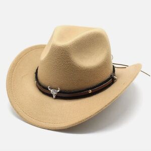 Women's Tan Cowboy Western Fedora Rodeo Faux-Sued Hat with Longhorn details
